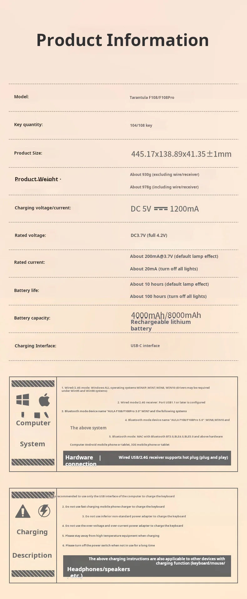 AULA F108Pro/F108 Wireless Bluetooth tri-mode connection, multi-functional display, Gasket structure, RGB lighting effects