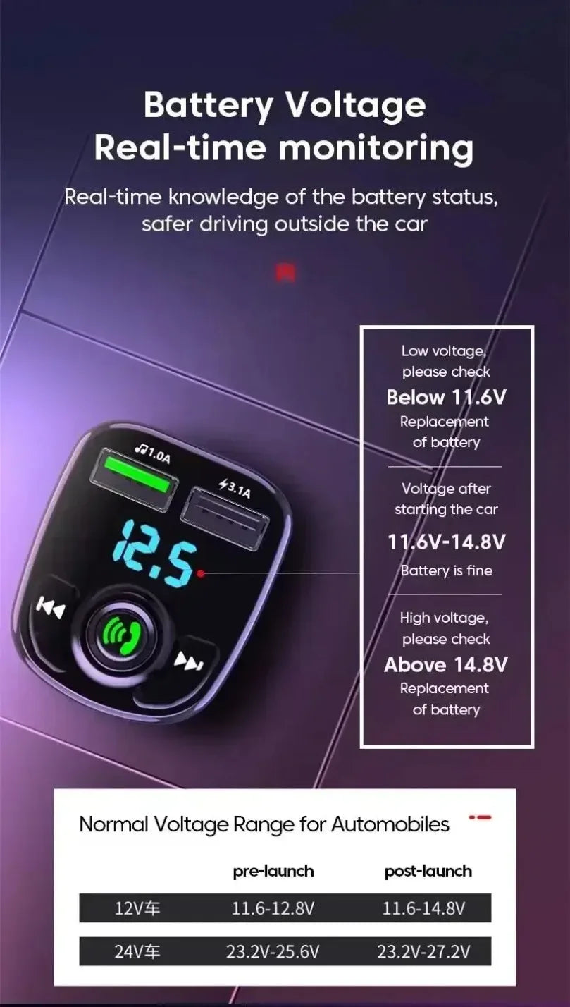 Bluetooth 5.0 LED MP3 Car Bluetooth FM Audio Receiver Hands-Free Transmitter 2.1A 3.1A QC3.0 PD Type C Dual USB Car kit Charger