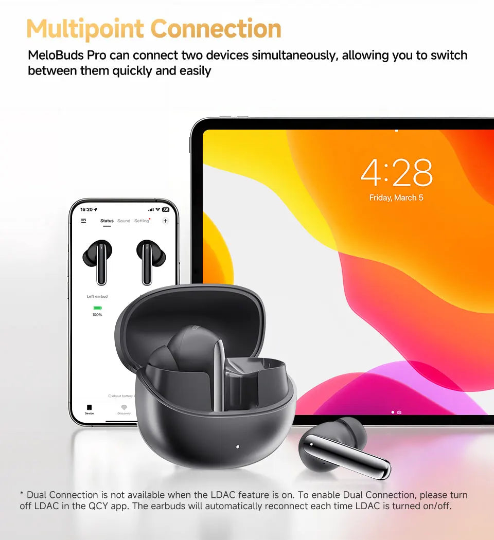 QCY MeloBuds Pro Adaptive Hybrid Active Noise Cancelling Wireless Earbuds 46dB Bluetooth 5.3 LDAC Hi-Res Audio 34H Earphones