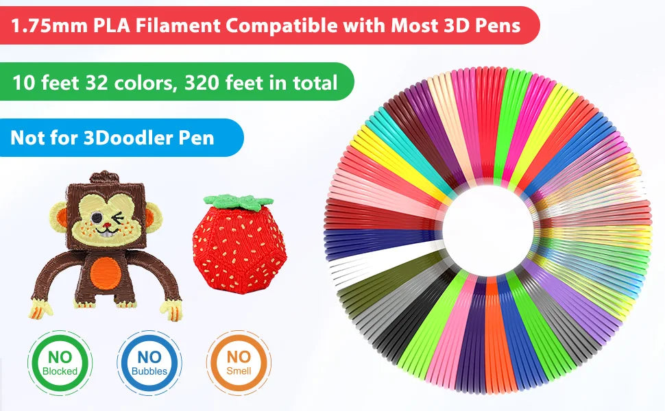 32/15/10 Colors 3D Pen Filament Refills 1.75mm PLA, Each Color 10Feet(3m), Total 320/150/100 Feet (96/45/30m), Random Color