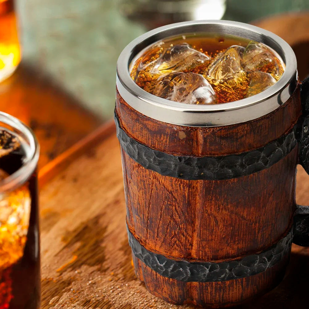 Wooden Barrel Beer Cup Stainless Steel Beer Mug Double Wall Drinking Cups Viking Style Vintage Coffee Mugs Kitchen Supplies