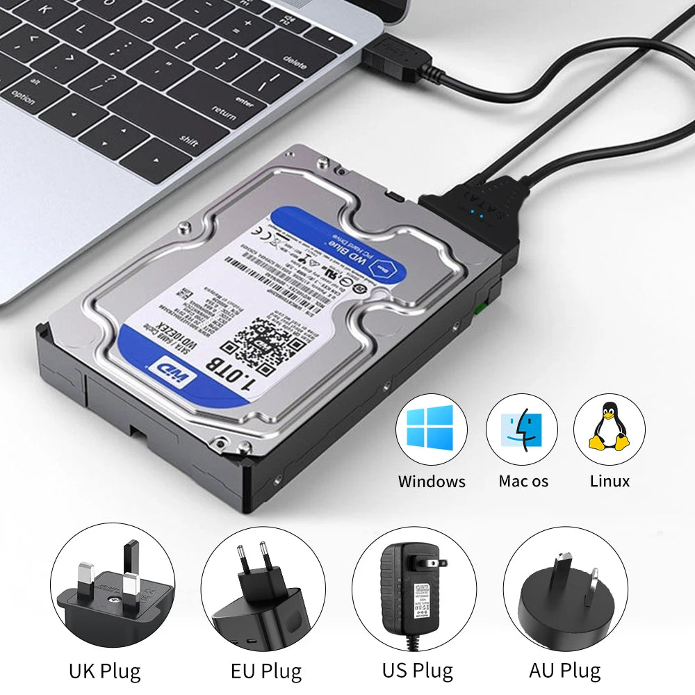 USB 3.0 to SATA Cable for 3.5/2.5 Inch SSD HDD SATA III Hard Drive Disk with 12V/2A Power Adapter