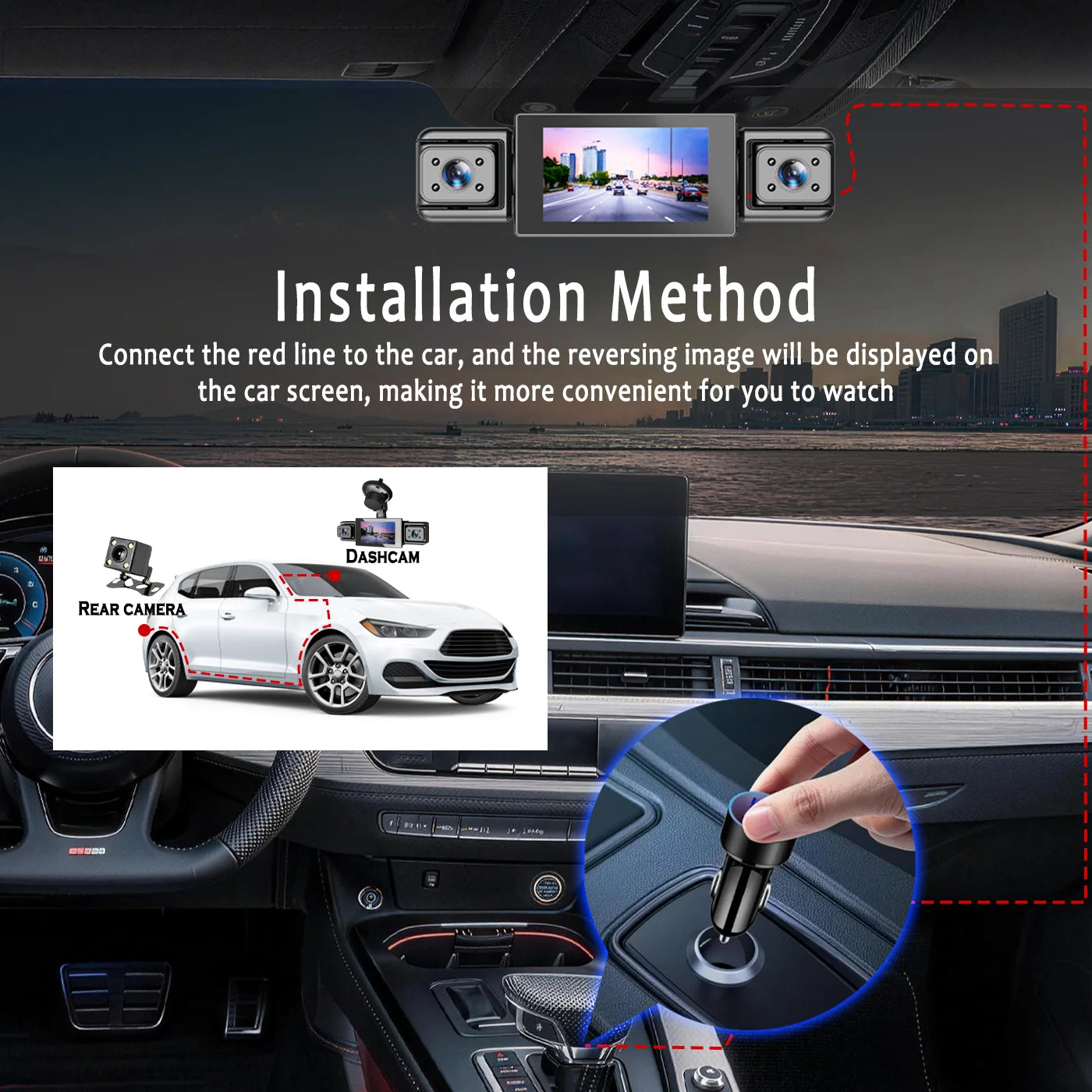 BCUOZ 4-Lens 360° Dashcam with Super Night Vision - 1080P Front 720P Rear Left Right Car Cameras G-Sensor Loop Recording WDR 12-24V Plug Power Supply Optional 64GB Memory Card