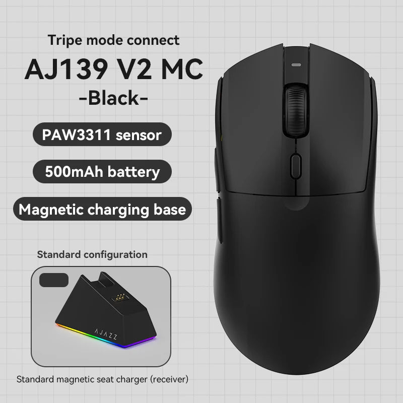 AJAZZ AJ139 V2 MC Three-mode Wired/Bluetooth/2.4G Wireless Gaming Mouse PAW3311 Sensor 500mAh Mouse Suitable for PC Gamers