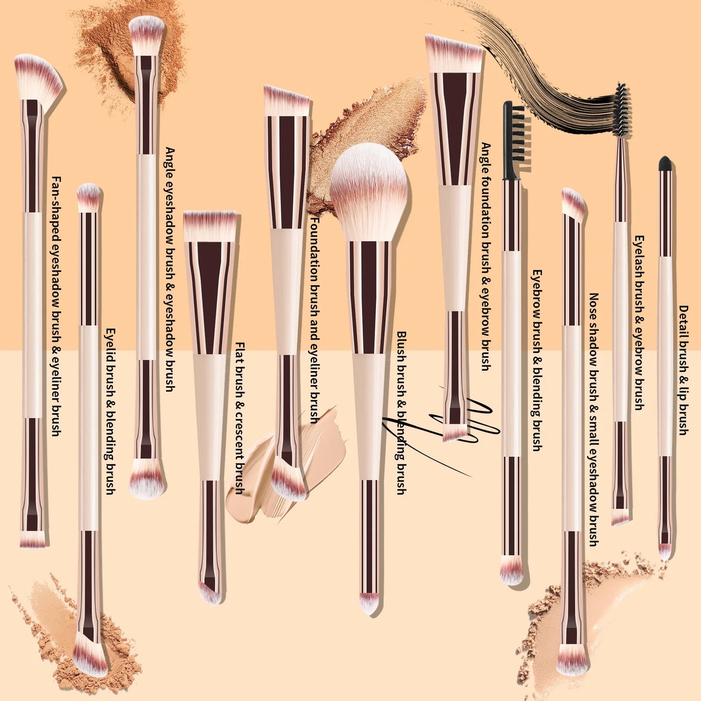 11 full set of eye makeup brushes, double-head design, eyeshadow brush, smudge brush, eyebrow brush, full set of beauty tools