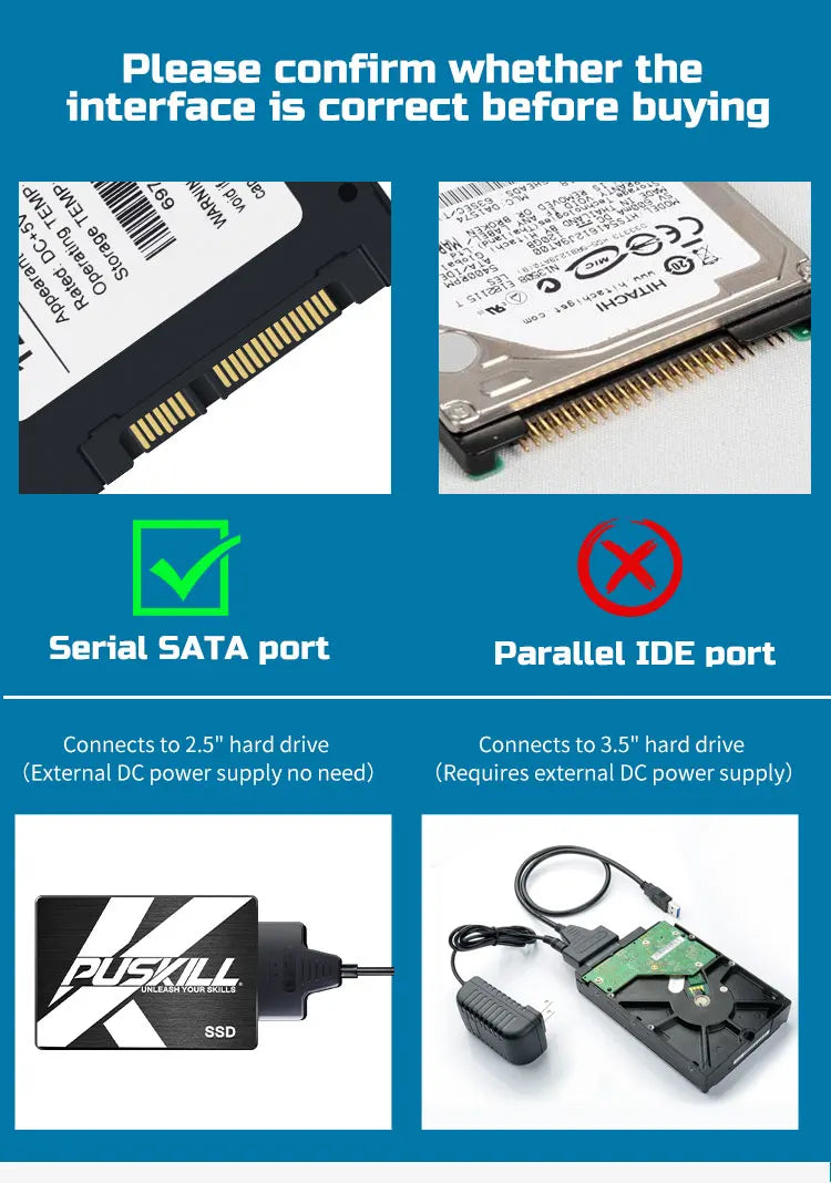 USB 3.0 to SATA Cable for 3.5/2.5 Inch SSD HDD SATA III Hard Drive Disk with 12V/2A Power Adapter