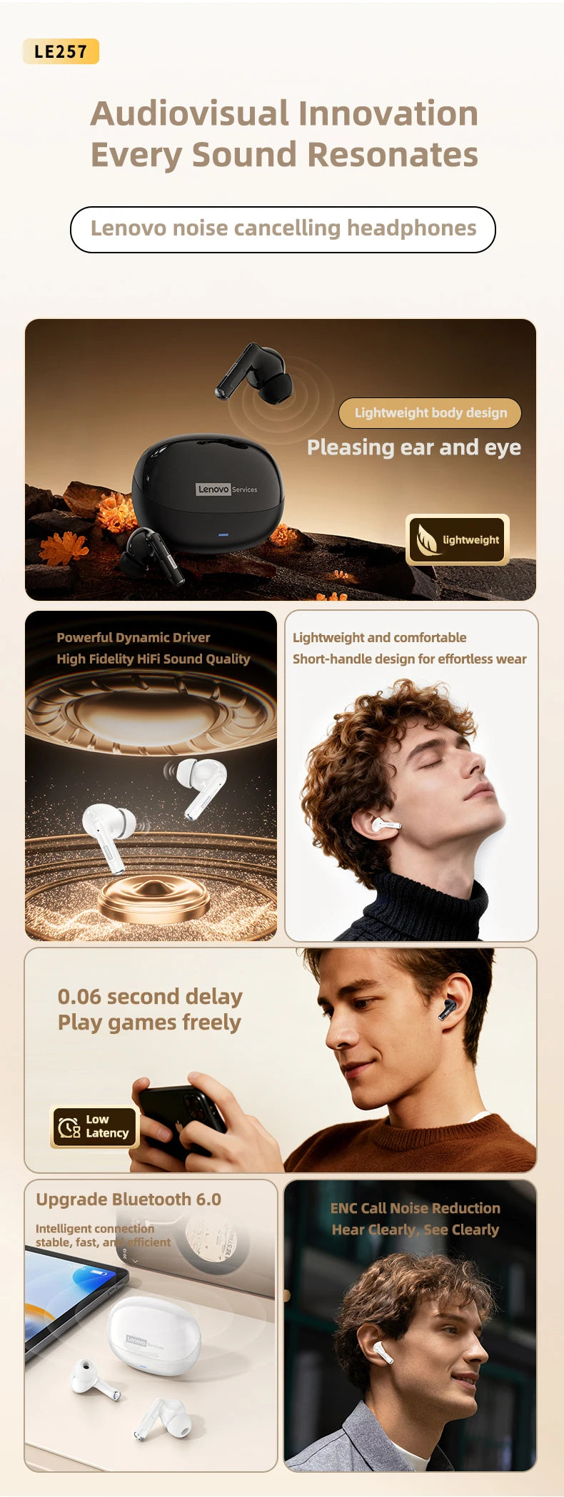  Lenovo LE257 TWS Wireless Bluetooth 6.0 Headphones HiFi Sound ENC Call Noise Reduction Earphone Gaming Sports Headset With Mic