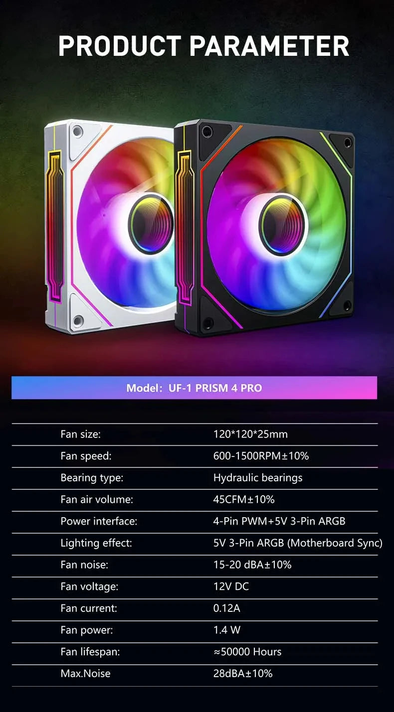 UPSIREN UF-1 PRISM 4 PRO Computer Chassis Fan 12cm ARGB 4 Pin PWM Quiet Cooling Fan 12V Large Air Volume 45CFM/600-1500RPM