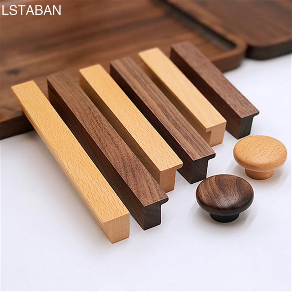 Beech Wooden Cabinet Handles Walnut Solid Wood Furniture Kitchen Door Handle Wardrobe Cupboard Drawer Knobs Hardware Pull Handle