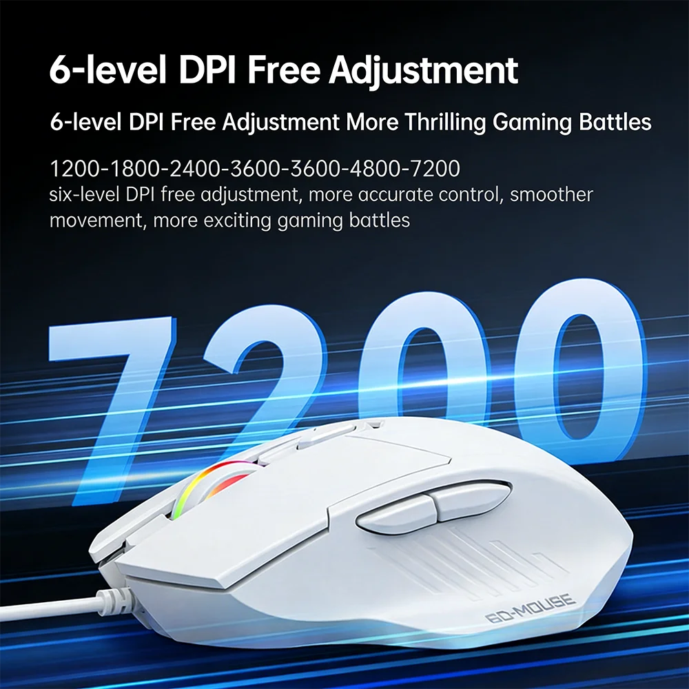 KEBIDUMEI RGB Wired Gaming Mouse 7200DPI 6-Level Adjustable 6 Buttons Ergonomic Silent Mice Plug and Play for Laptop Win MacOS