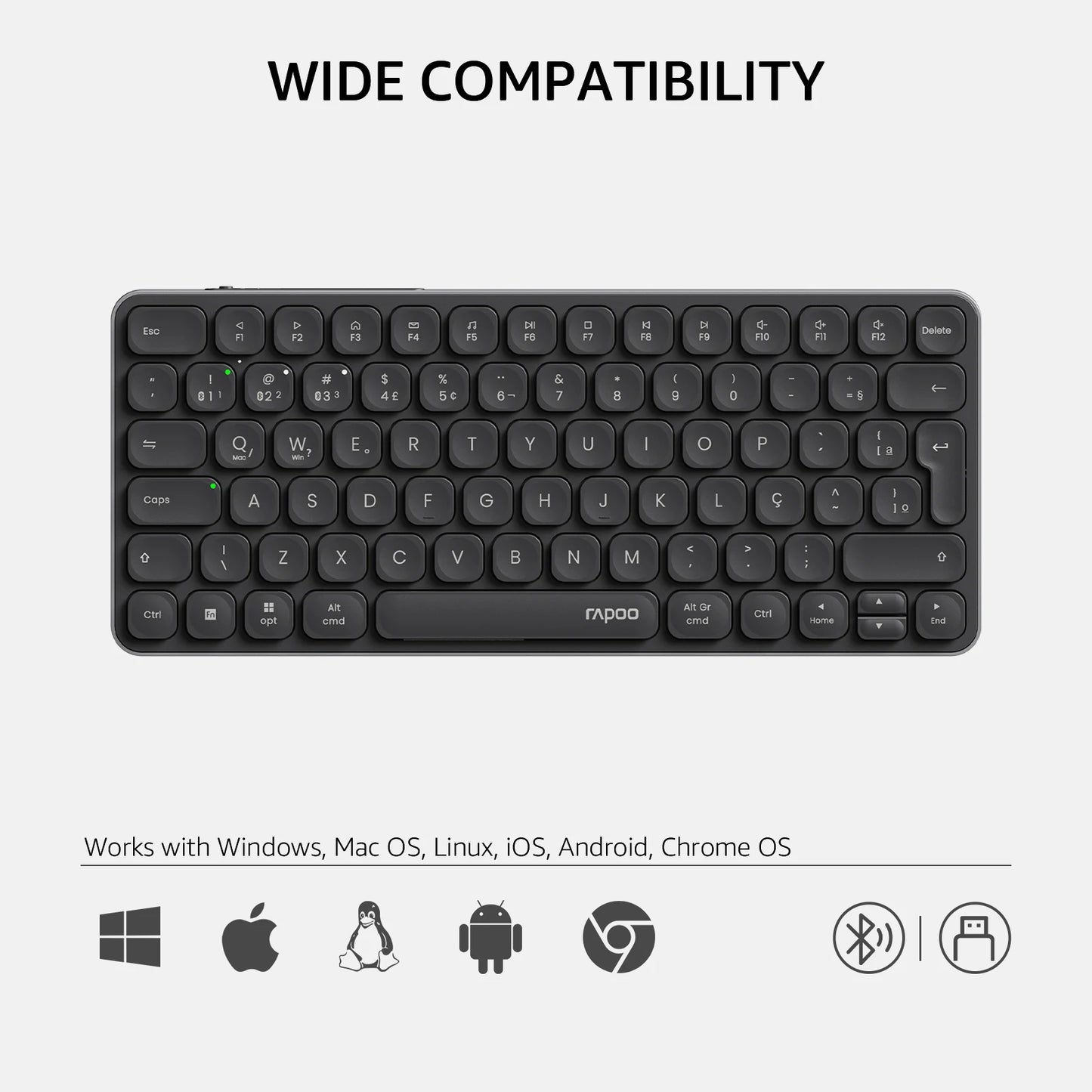 Rapoo E9050L/9010M ABNT2 Portuguese Brazil Multi-Device Bluetooth Wireless Keyboard Black Color with Multimedia Key