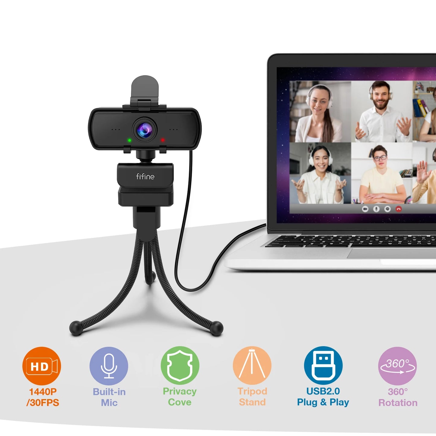 FIFINE 1440p Full HD PC Webcam with Microphone, Tripod, for USB Desktop & Laptop, Live Streaming Webcam for Video Calling - K420