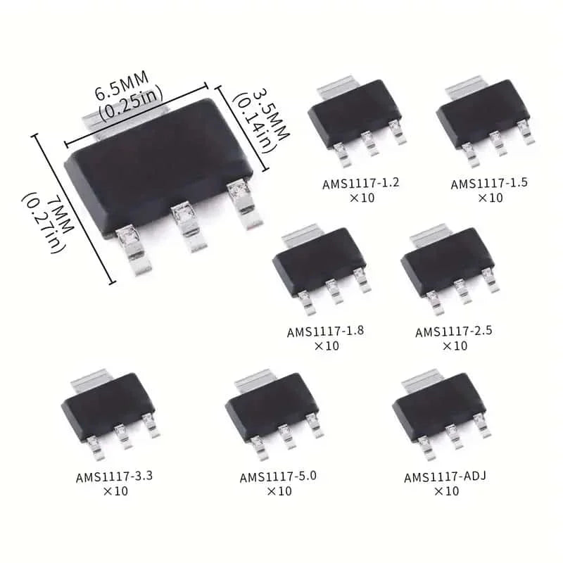 70PCS Voltage Regulator Kit AMS1117 SOT-223 AMS1117-3.3V AMS1117-ADJ AMS1117-5.0V AMS1117-2.5V AMS1117-1.8V AMS1117-1.5V 1.2V-5V