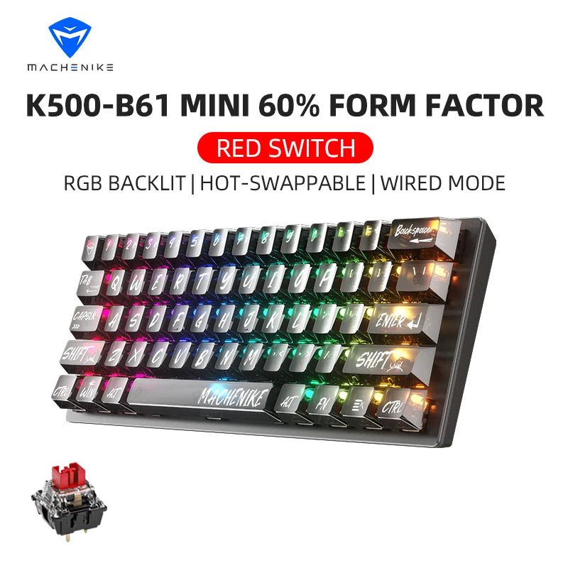 K500-B61 Machenike Mini Mechanical Keybaord 60% Form Factor 61Keys Gaming Keybaord Wired Full Key Hot-Swappable RGB Backlit
