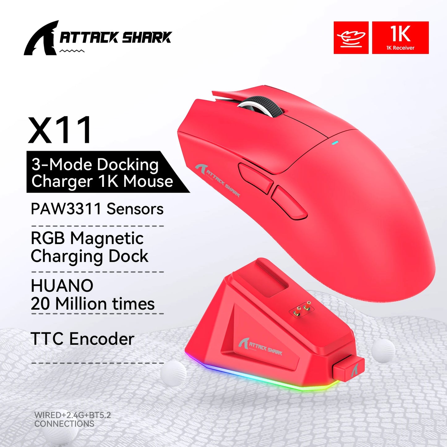 ATTACK SHARK X11-Mouse Tri-Mode Lightweight Gaming Mouse,PAW3311,22000DPI,400IPS,40G,1K Return Rate,Magnetic Fast Charging