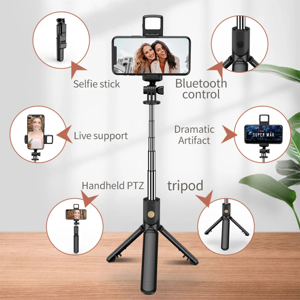 Expandable 3-in-1 Selfie Stick Tripod With Detachable BT Wireless Remote Compatible With Most Of Phones Lightweight Tripod Stand