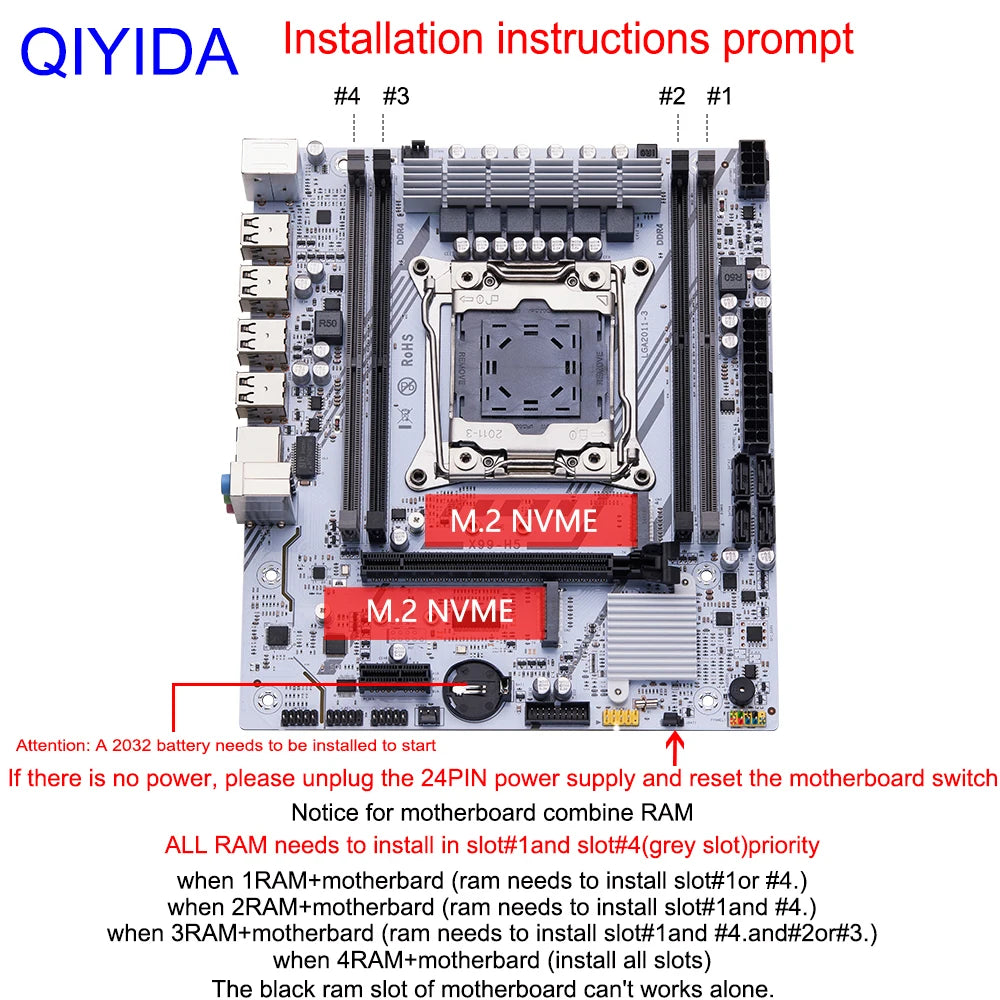 QIYIDA X99 motherboard LGA2011 3 with M.2 slot Support DDR4 Memory SATA USB PCI16X