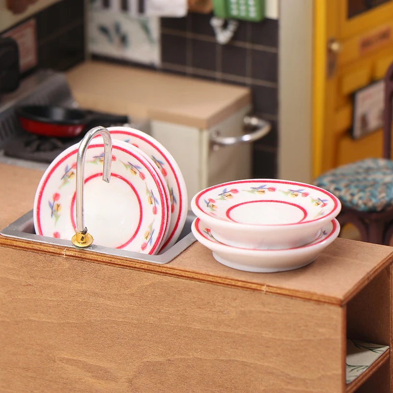 1/12 Dollhouse Mini Plates Dishes Model Dollhouse Simulation Kitchen Decoration Dolls House Accessories Pretend Play Toys 5PCS