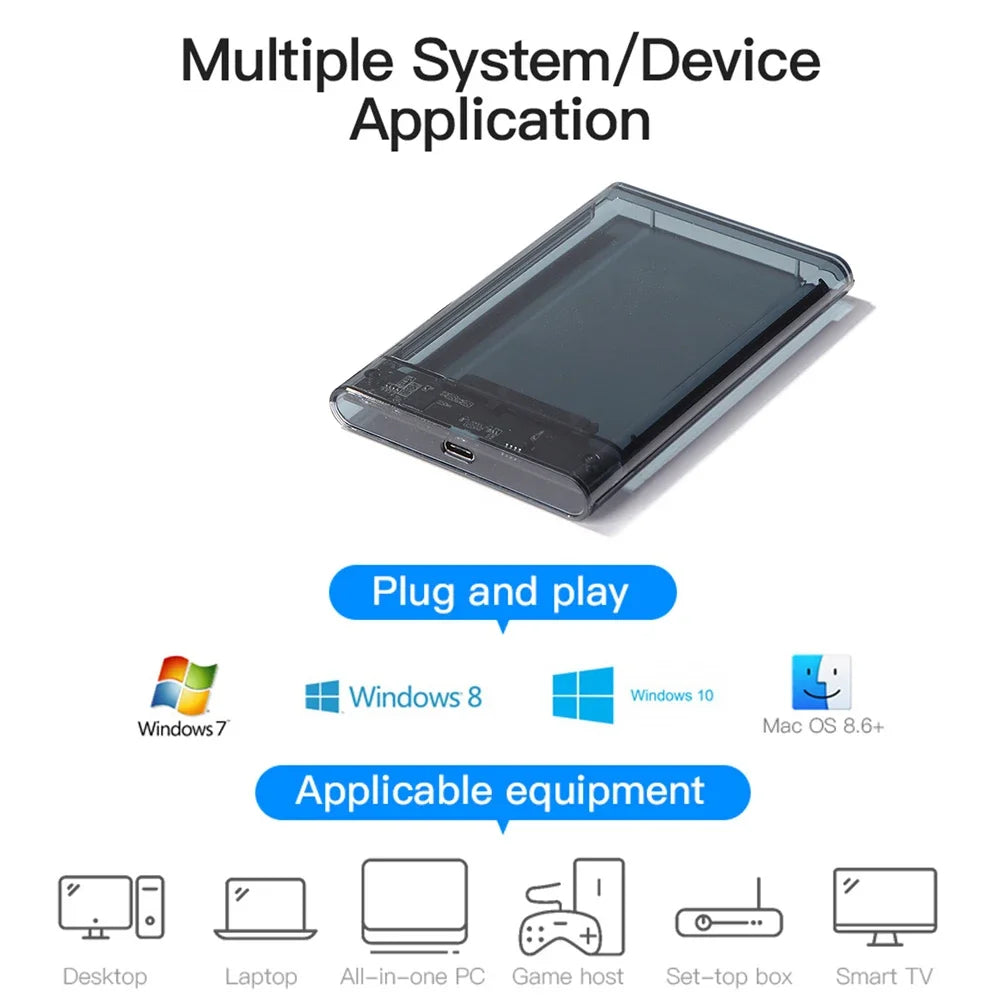 USB External Hard Drive Enclosure 2.5 inch SATA to USB UASP Clear Portable Hard Drive Case 2T HDD Tool-Free Transparent