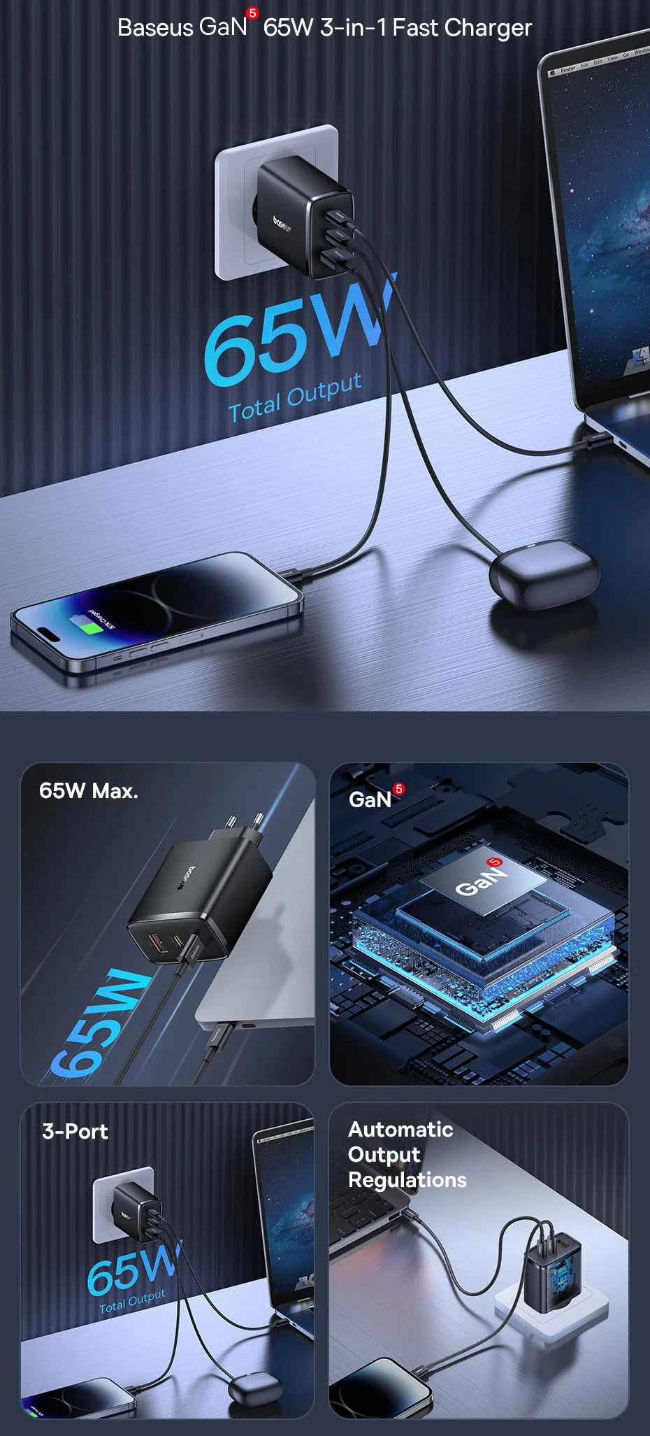 Baseus 65W USB C Charger GaN Charger Support QC PD Charge Portable Fast Charger For iPhone 17 16 15 Xiaomi Laptop Charger