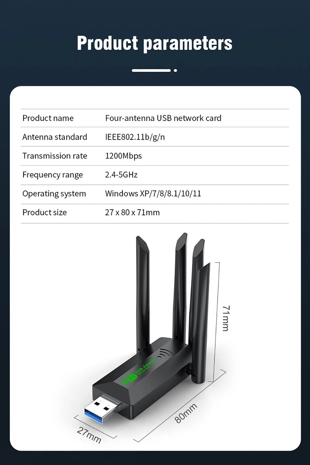 Original USB 3.0 WiFi 6 Adapter 802.11AX 4-Antenna 1200Mbps Dual Band 2.4G 5G For Windows 10/11
