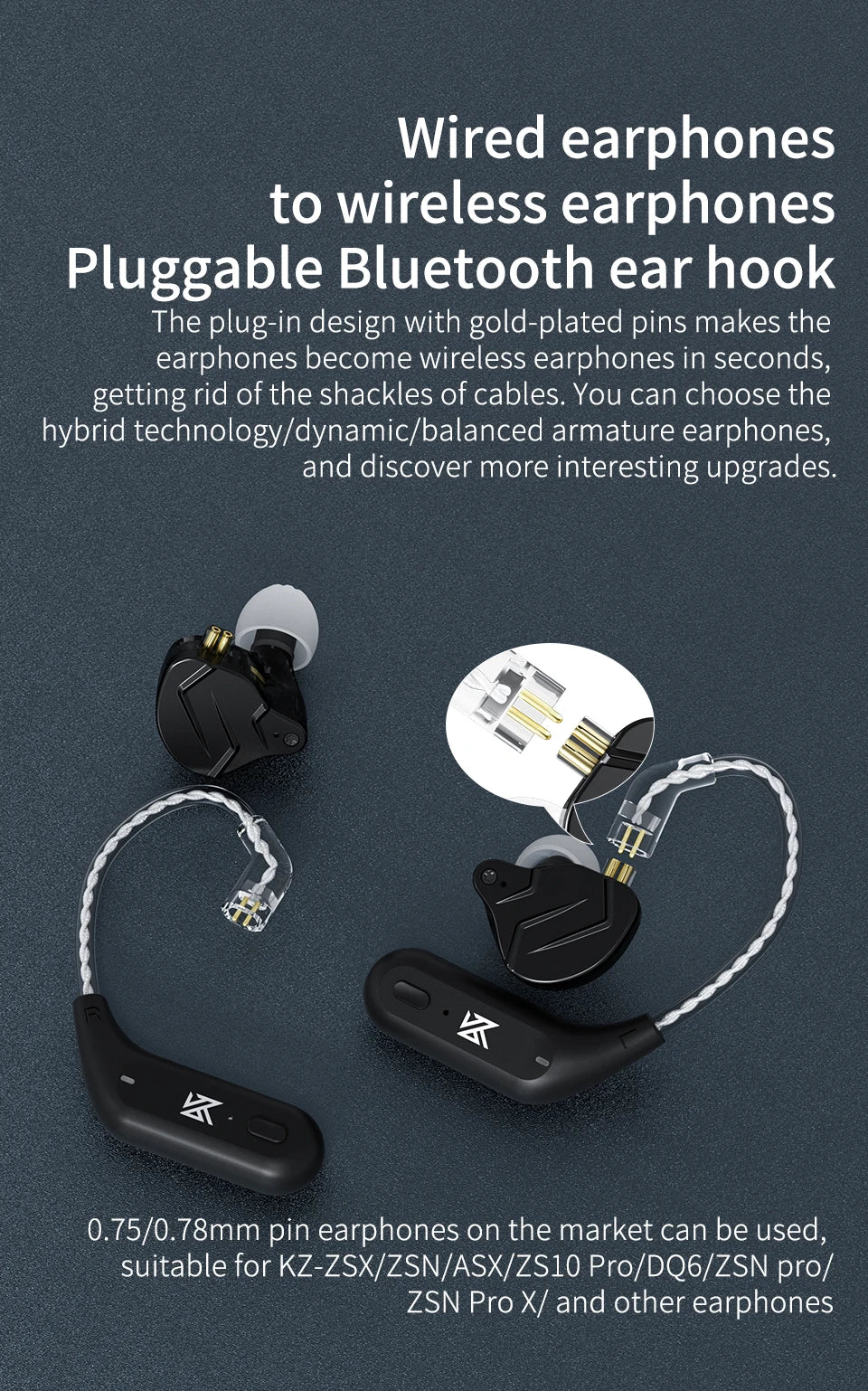 KZ AZ09 Wireless Upgrade Cable Bluetooth-compatible 5.2 HIFI Wireless Ear Hook C PIN Connector With Charging Case
