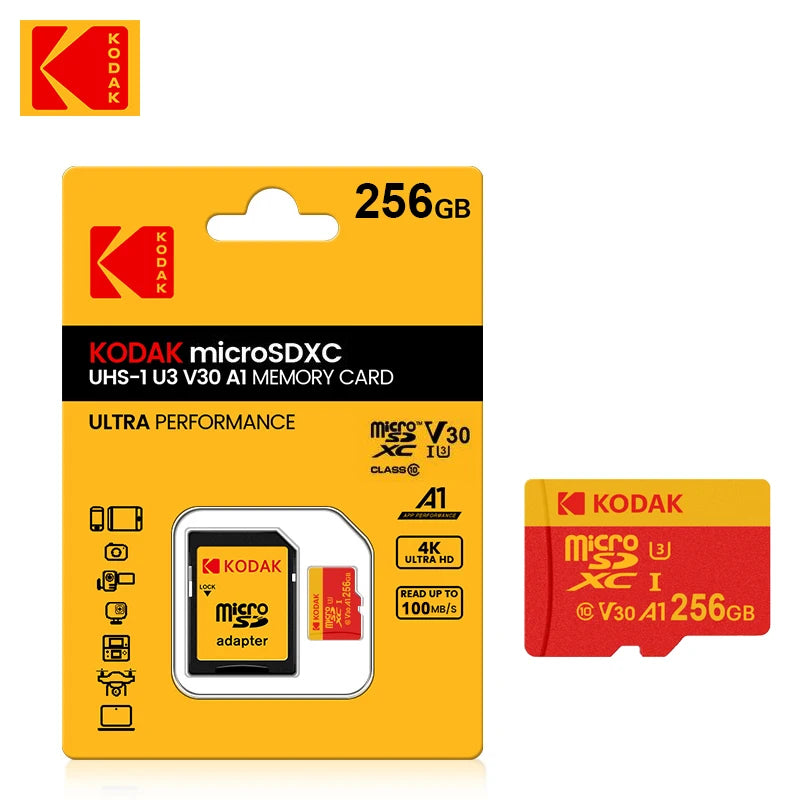 KODAK 128GB Micro SD Card U3 V30 256GB 64GB 32GB 4K High Speed TF Card for Phone Camera Drone Original TYPE-C Reader