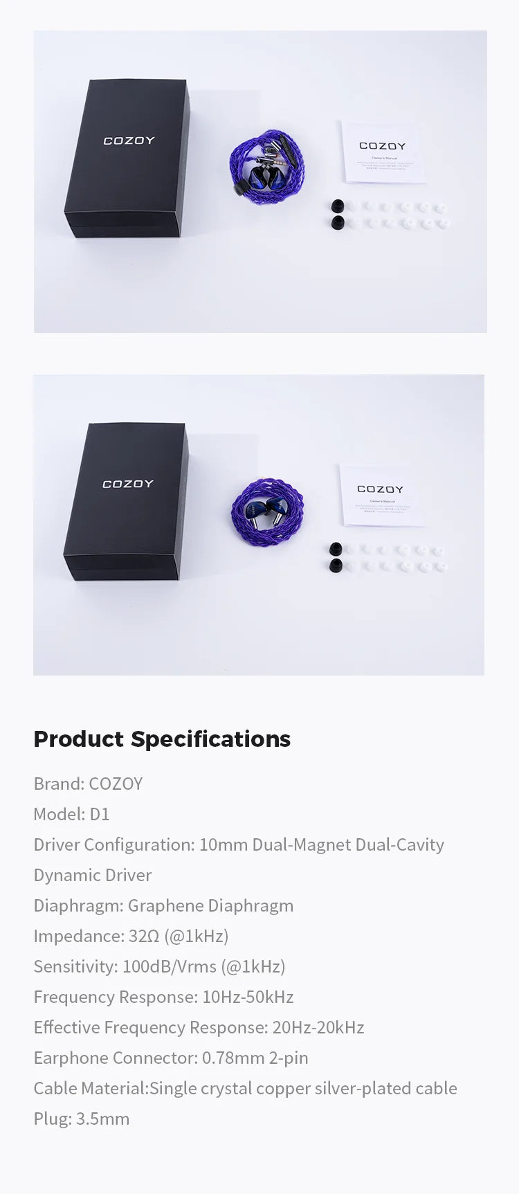 COZOY D1 IEM 10mm Graphene Diaphragm Dual Magnetic Circuit Dual Cavity Dynamic Wired In-Ear Earphones