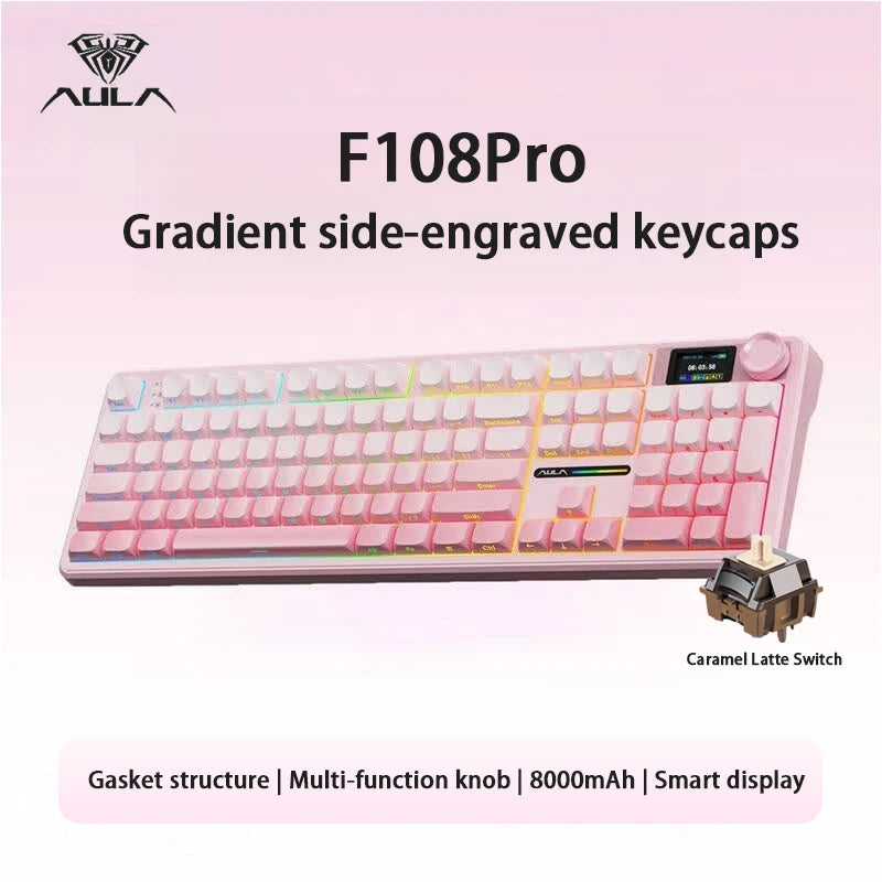 AULA F108Pro/F108 Wireless Bluetooth tri-mode connection, multi-functional display, Gasket structure, RGB lighting effects