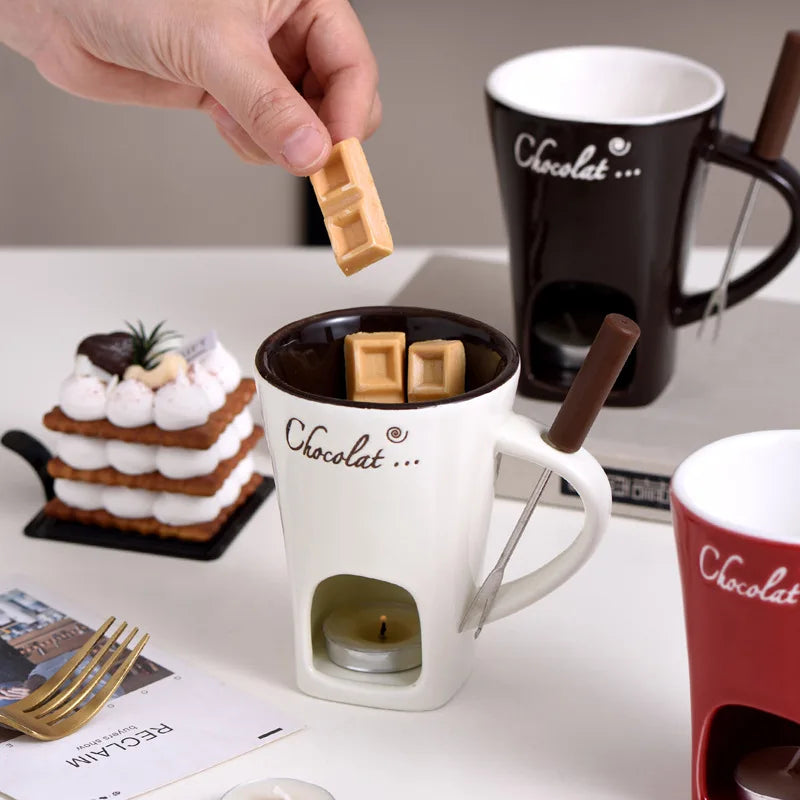 Chocolate Melting Cup,Mini Novelty Cheese Butter Simmer Mug with Fork for Home Kitchen,Creative Ceramic Coffee Mug for Gifts