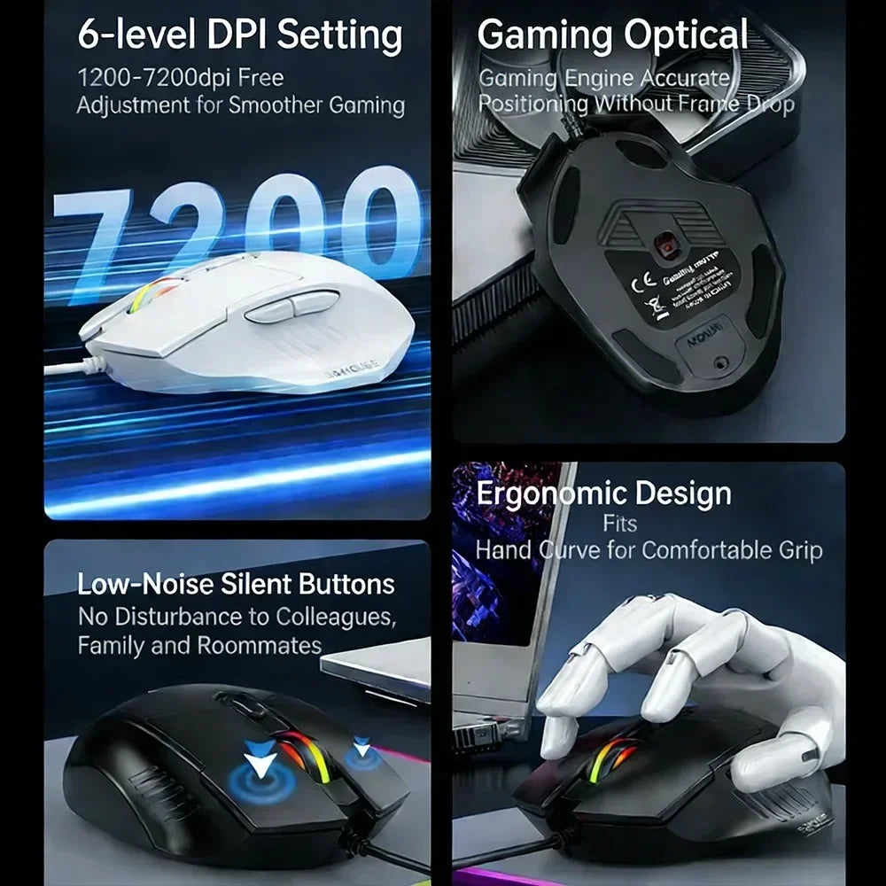 KEBIDUMEI RGB Wired Gaming Mouse 7200DPI 6-Level Adjustable 6 Buttons Ergonomic Silent Mice Plug and Play for Laptop Win MacOS