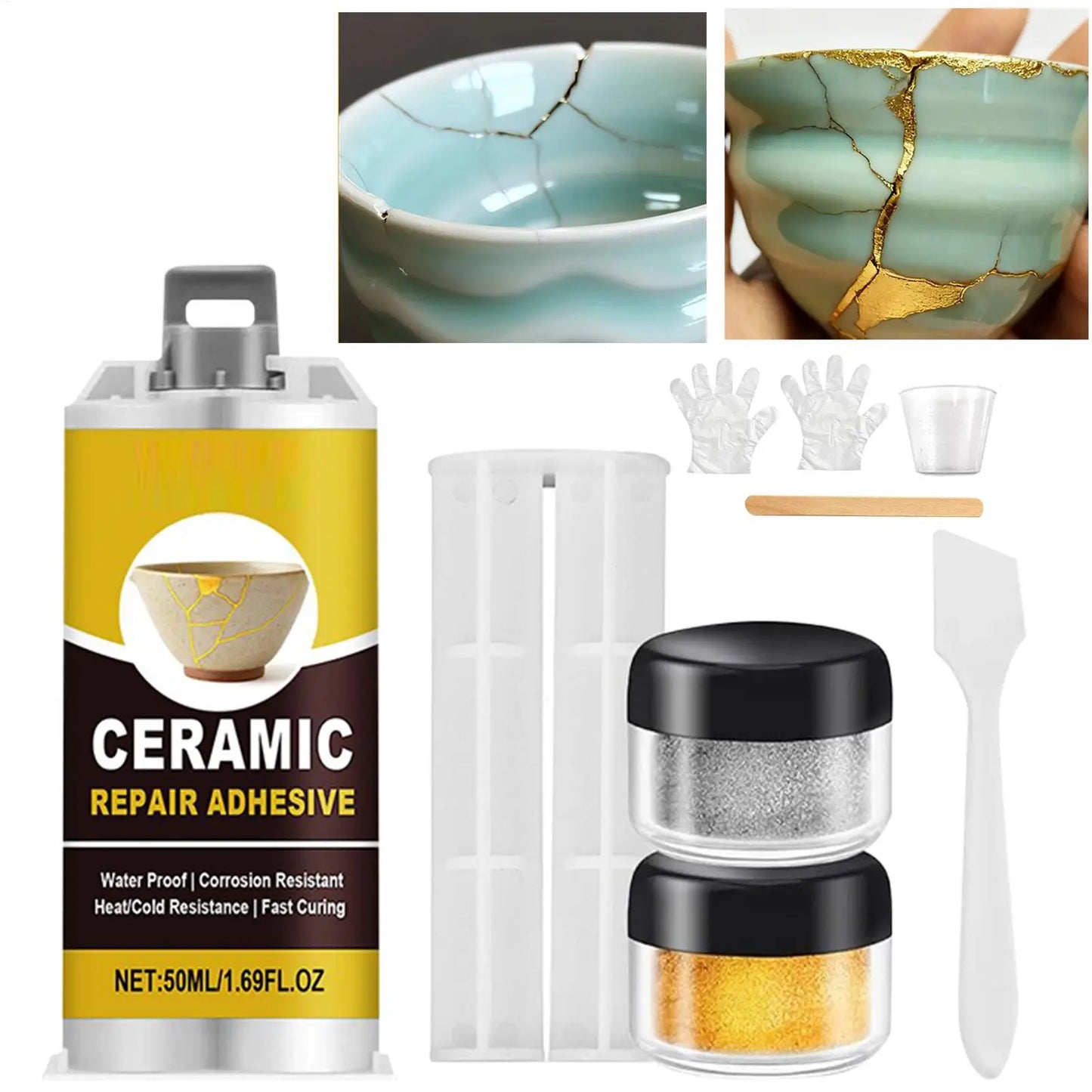 Ceramic Repair Kit - Food Safe Adhesive in Kintsugi Style - Mends Broken Pottery, Dishes, Figurines for Kitchen & Bathroom