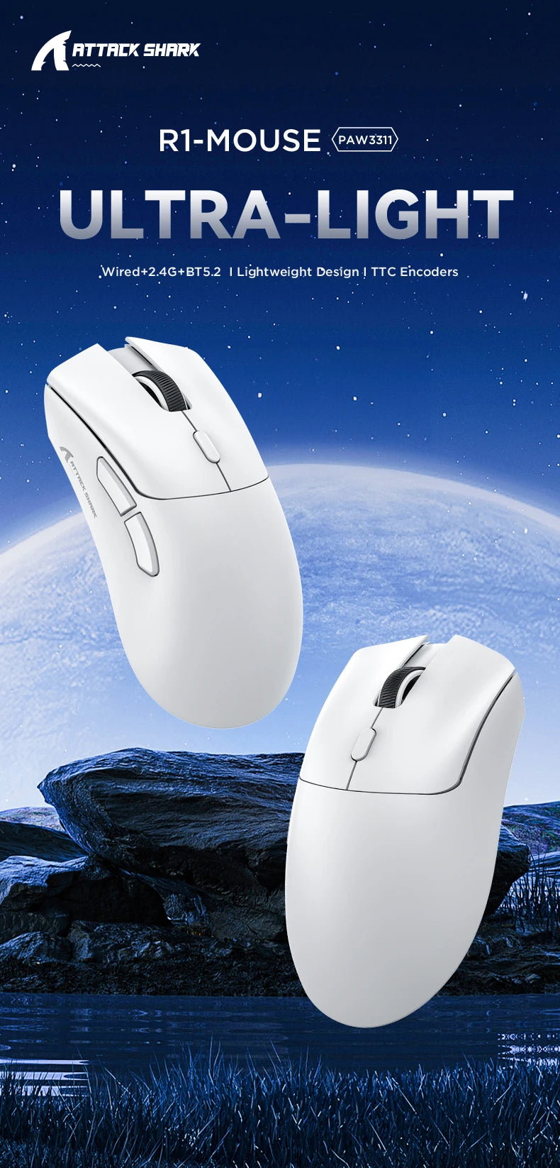 ATTACK SHARK R1 Tri Mode 2.4G Bluetooth Wired Gaming Mouse Lightweight Ergonomic RGB Programmable Wireless Mice For PC Laptop