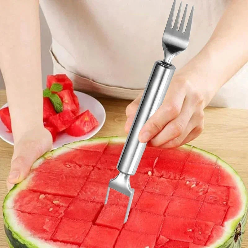 Multi-purpose Portable 2In1 Watermelon Slicer Fork Watermelon Slicer Cutter Knife Stainless Steel Kitchen Fruit Cutting Fork
