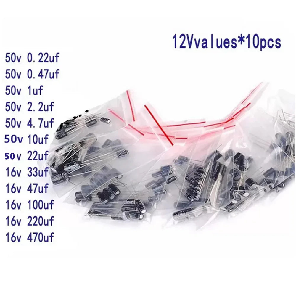 120pcs Electrolytic Capacitor  Aluminum Electrolytic Capacitor Kit 12 Values 1uF-470uF DIP Electrolyte Capacitors