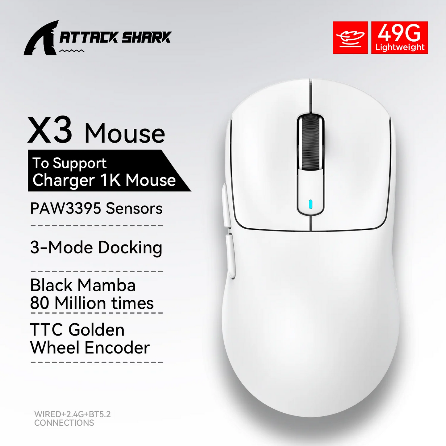 X3 ATTACK SHARK X3Pro Bluetooth Gaming Mouse PAW3395 Sensor TTC Encoder Black Mamba Switch and 1K/4K Hz for Wireless Mouse