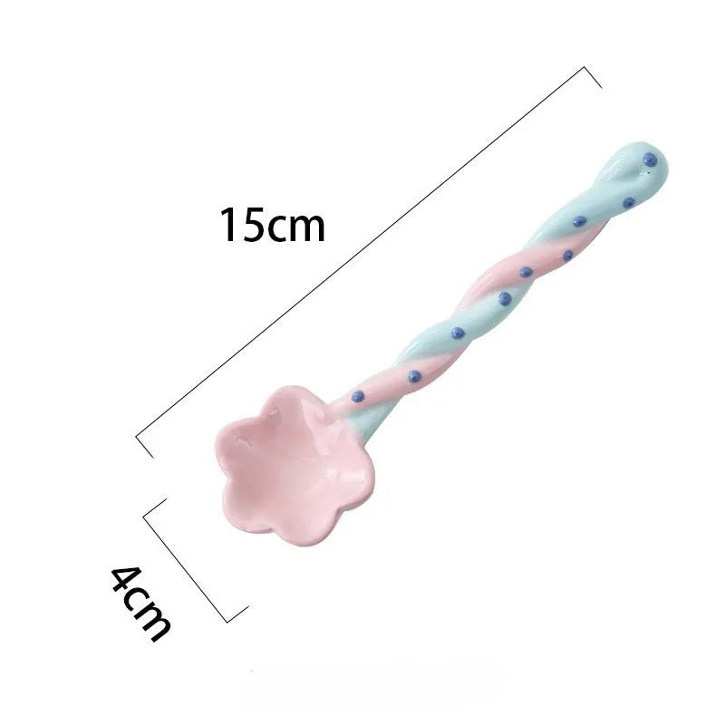 Ceramic Flower Soup Spoon Household Ice Cream Hand Painted Dessert Stirring Spoon with Long Handle Kitchen Tableware Accessories