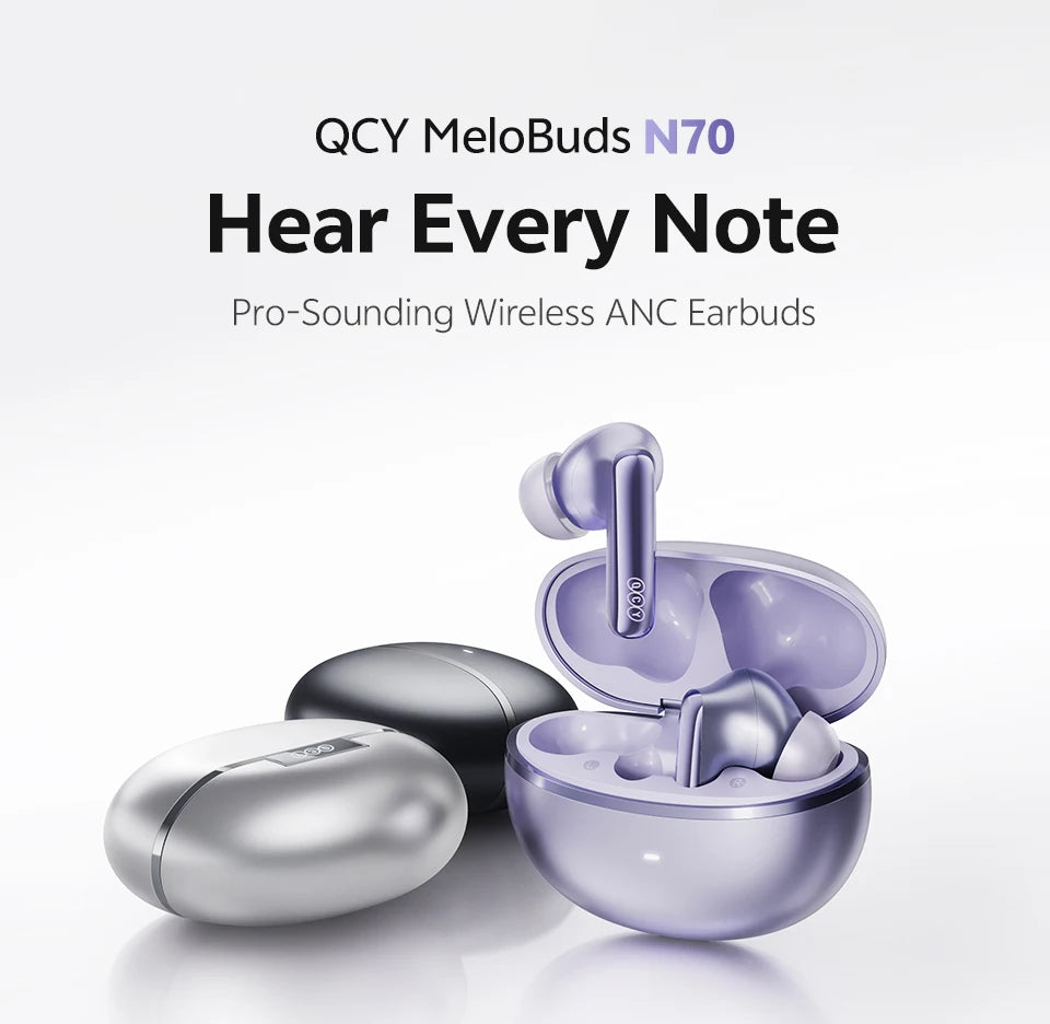 QCY MeloBuds N70 Adaptive ANC Wireless Earbuds Bluetooth 6.0 LDAC Hi-Res Audio 6 Mics Wireless Charging Earphones 50Hrs IPX5