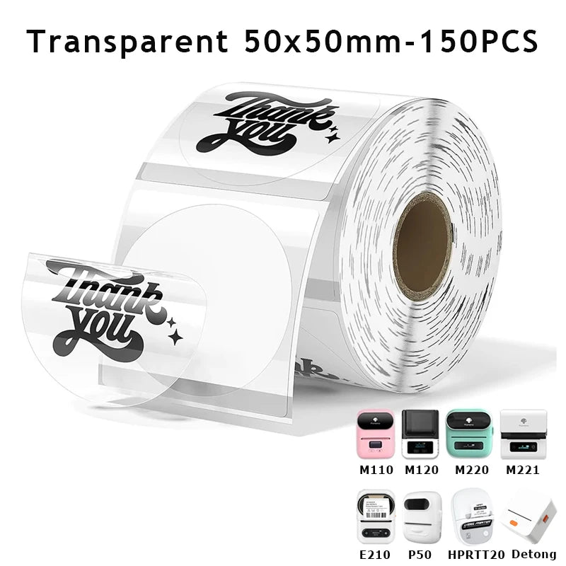 Transparent Round label 50x50mm/150pcs Thermal Adhesive Label Roll,suit for phomemo M110/M200/M120/M220 E210 P50 DETONG P1