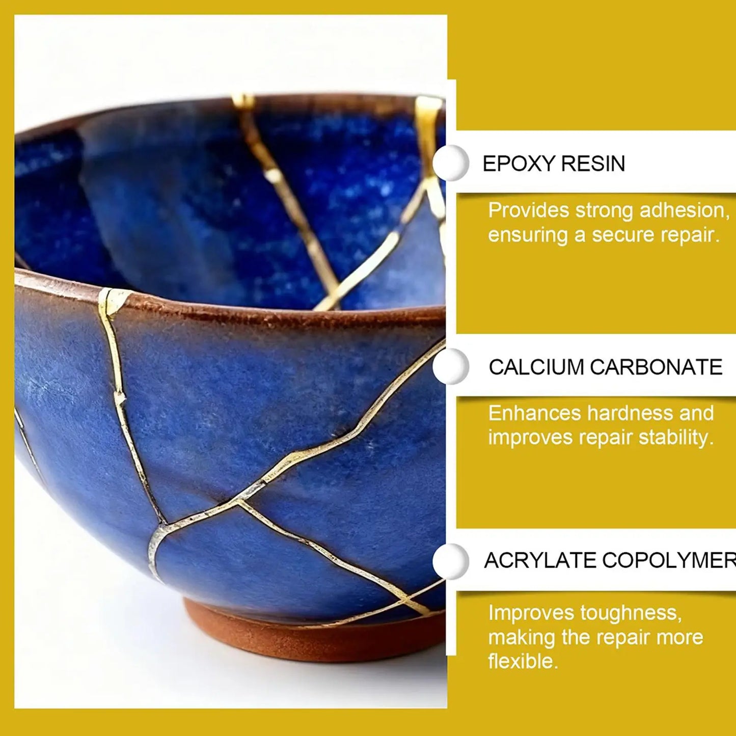Ceramic Repair Kit - Food Safe Adhesive in Kintsugi Style - Mends Broken Pottery, Dishes, Figurines for Kitchen & Bathroom