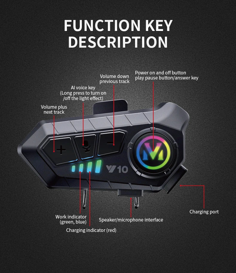 Y10 Motorcycle Helmet Headset Bluetooth 1000Mah Noise Reduction Wireless Hands-free Waterproof Motorcycle Earphone