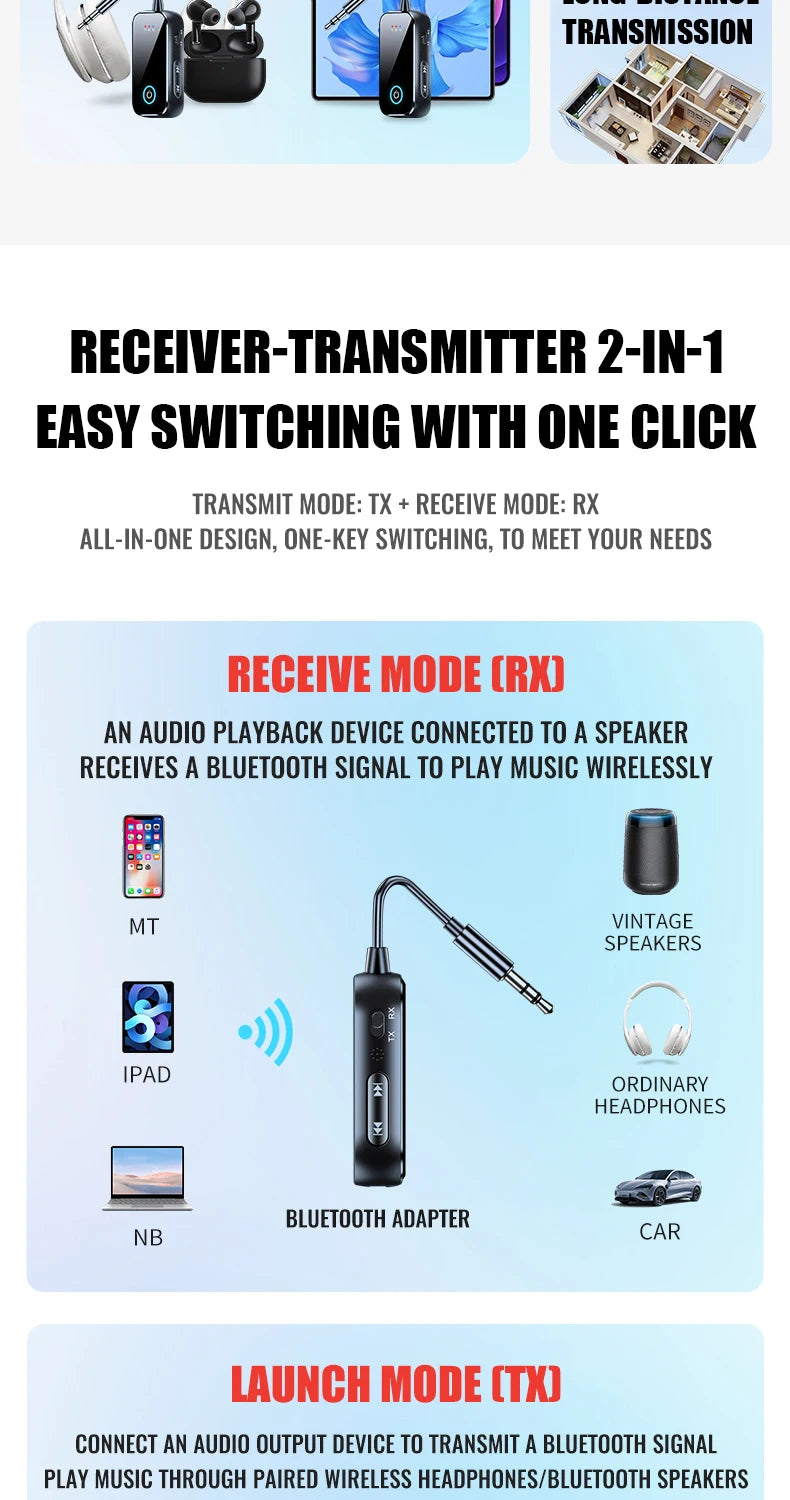 Bluetooth 6.0 AUX Audio Transmitter Receiver 2 IN 1 Wireless Adapter 3.5MM With Mic HiFi Stereo Music For Car TV PC Airplane