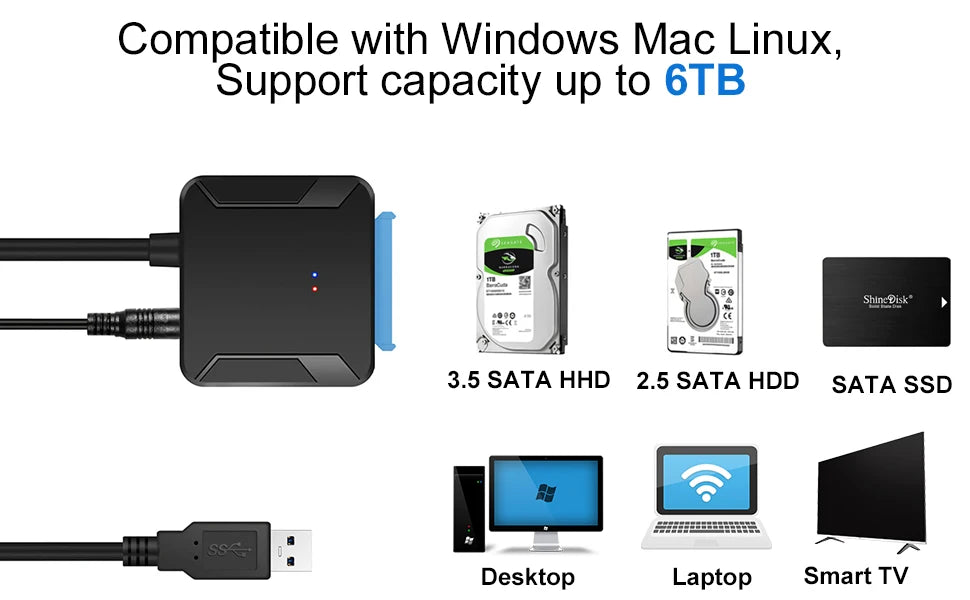 SATA To USB 3.0 Adapter Cable for 2.5/3.5 Inch SSD HDD SATA III Hard Drive Disk Converter Support UASP with 12V Power Adapter