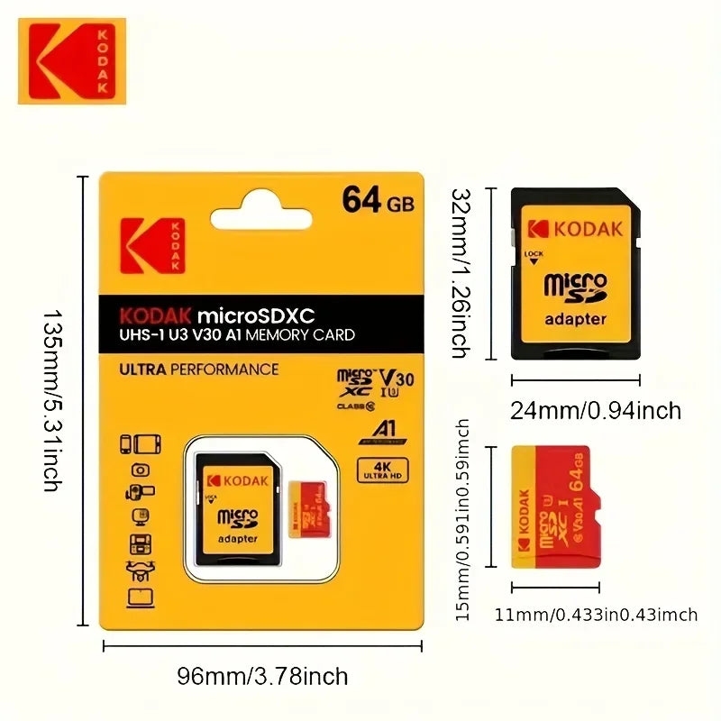 KODAK Micro SD Card 32GB-256GB UHS-I U3 V30 High Speed TF Memory Card for Smartphone Tablet Sports Camera with Adapter 16G