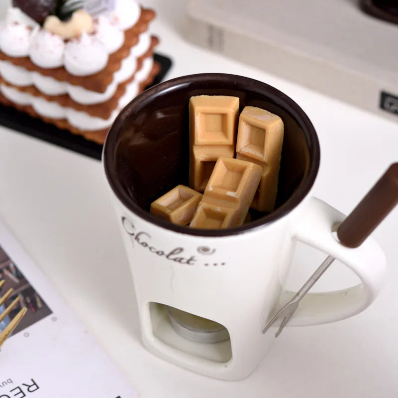 Chocolate Melting Cup,Mini Novelty Cheese Butter Simmer Mug with Fork for Home Kitchen,Creative Ceramic Coffee Mug for Gifts