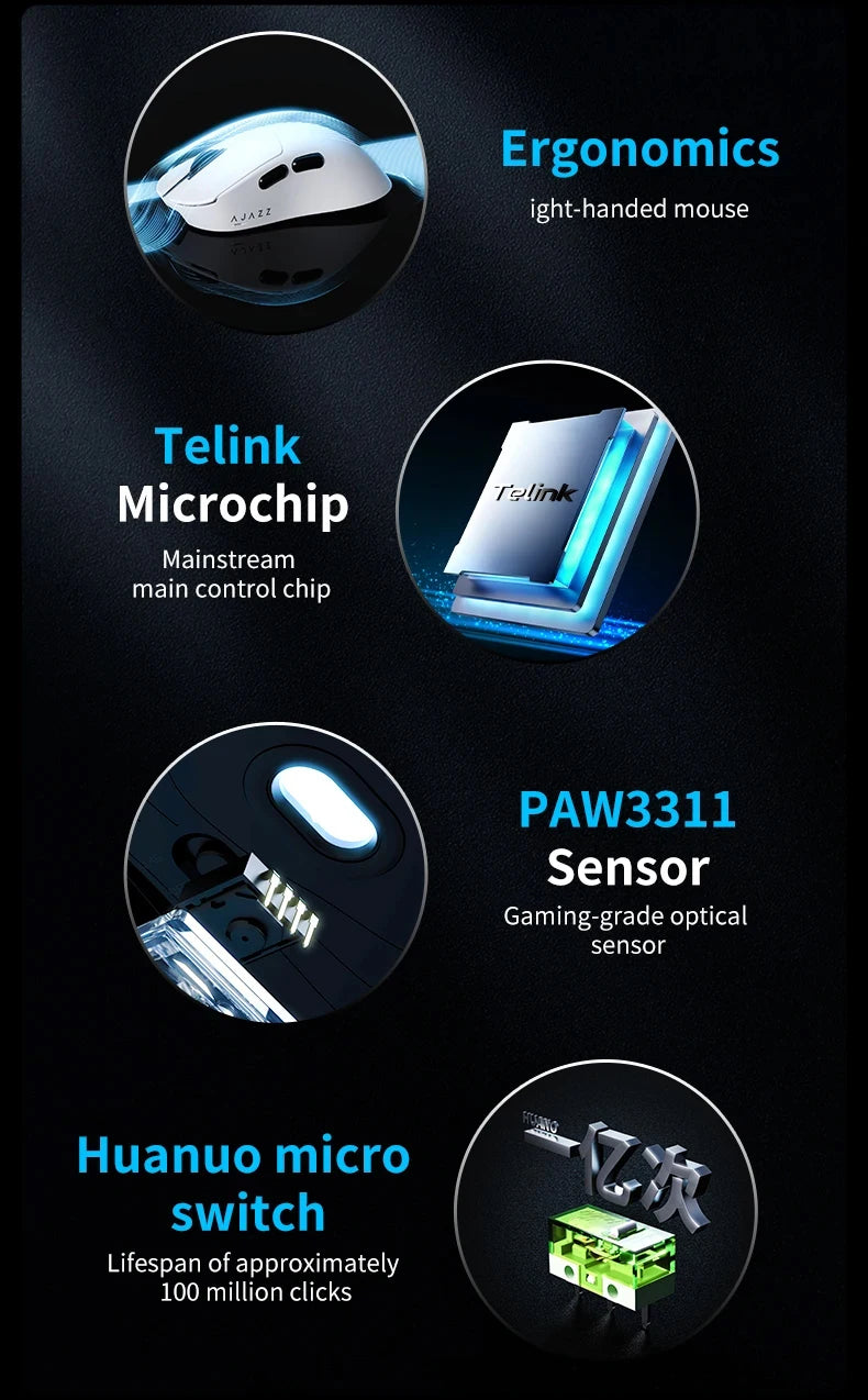AJAZZ Wireless Gaming Mouse 3 Model With Magnetic Attraction Charging Base PAW3311 Sensor 12000 DPI For PC Laptop AJ179 V2/MAX