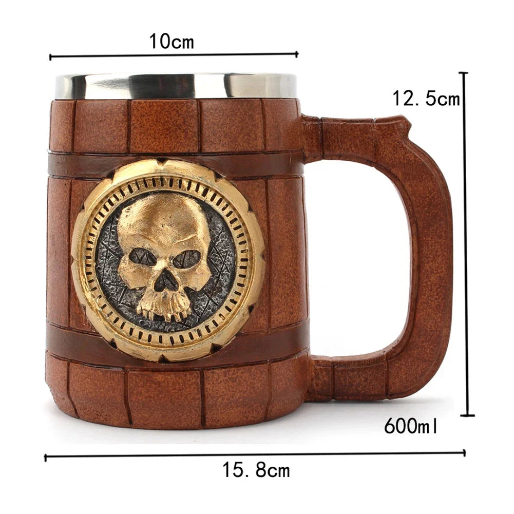 Wooden Barrel Beer Cup Stainless Steel Beer Mug Double Wall Drinking Cups Viking Style Vintage Coffee Mugs Kitchen Supplies