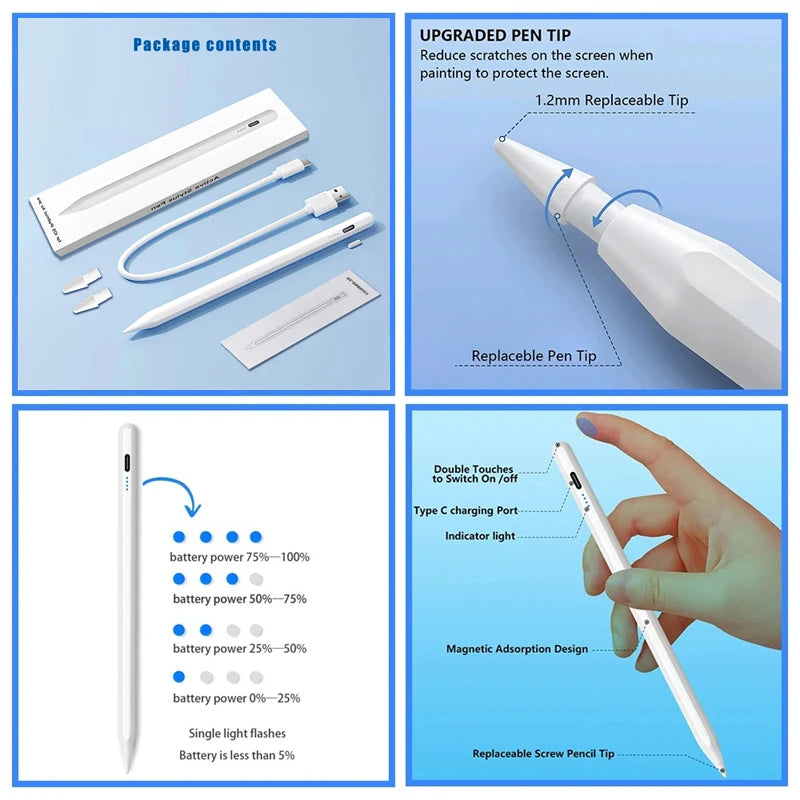 For Apple Pencil with Palm Rejection Tilt, Power Display, for iPad Pencil Pen 2022 2021 2020 2019 2018 Pro Air Mini Stylus Pen