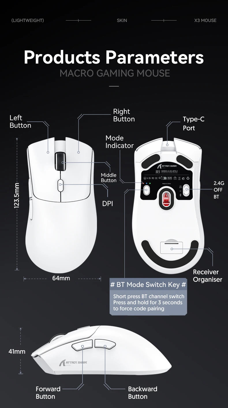 R1 Attack Shark Lightweight Wireless Mouse, 18000dpi,1000Hz PAW3311,Bluetooth Tri-mode Connection, Macro Gaming Mouse @3C1