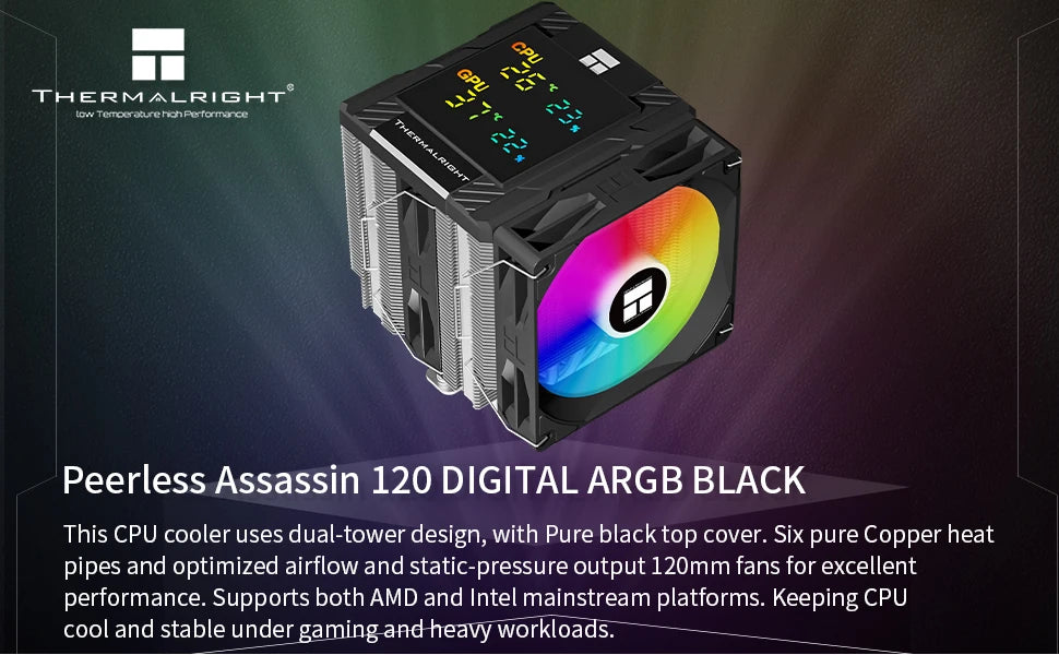 Thermalright Peerless Assassin 120 ARGB Digital Black CPU Air Cooler Supports LGA1851/1700/115X/1200/ AMD AM4/AM5